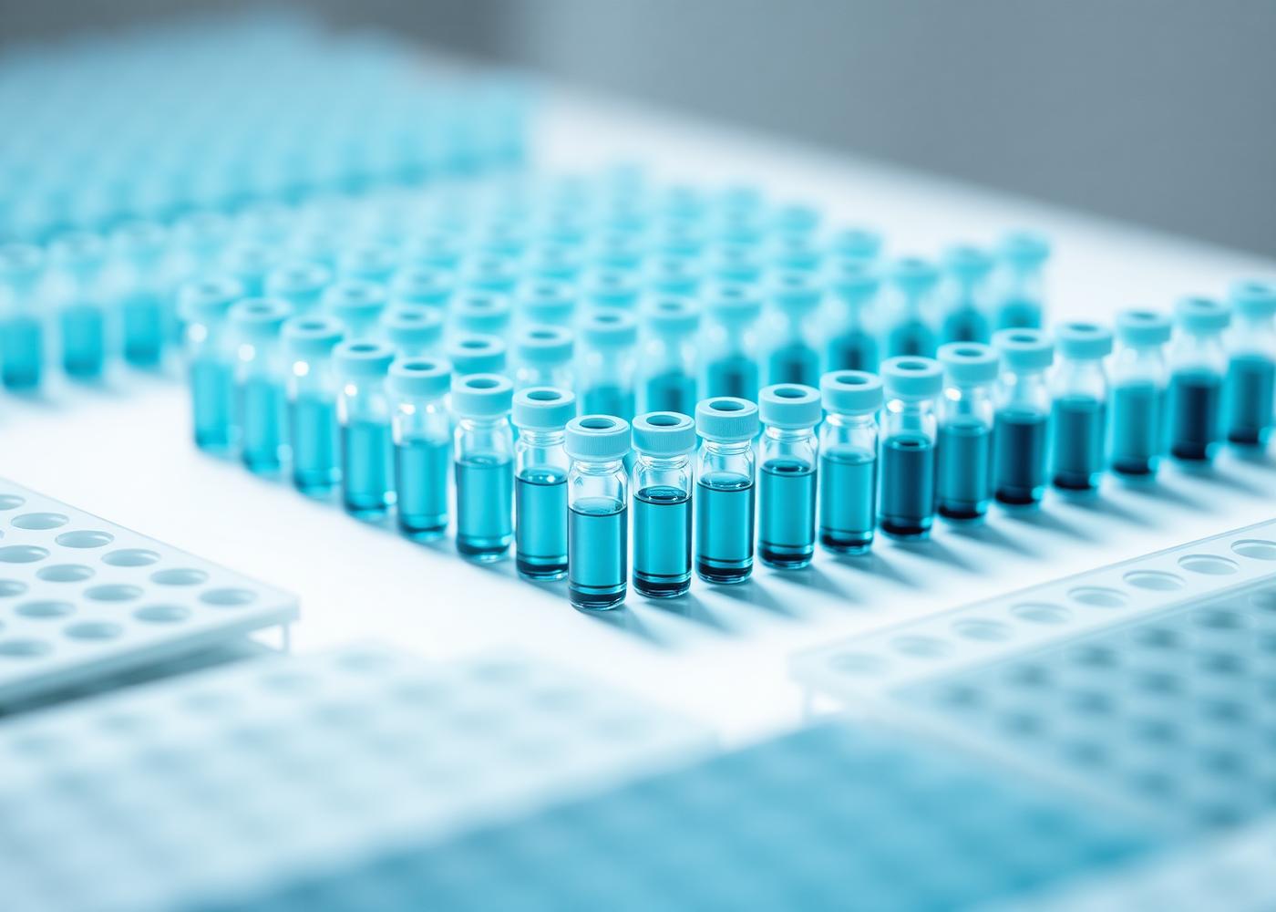 Abstract visualization of specimen vials moving through a controlled diagnostic logistics workflow